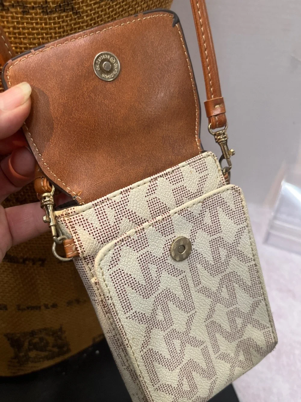 NX Signature Monogram Studded Crossbody wallet Cream Beige Gold Tone mini Purse